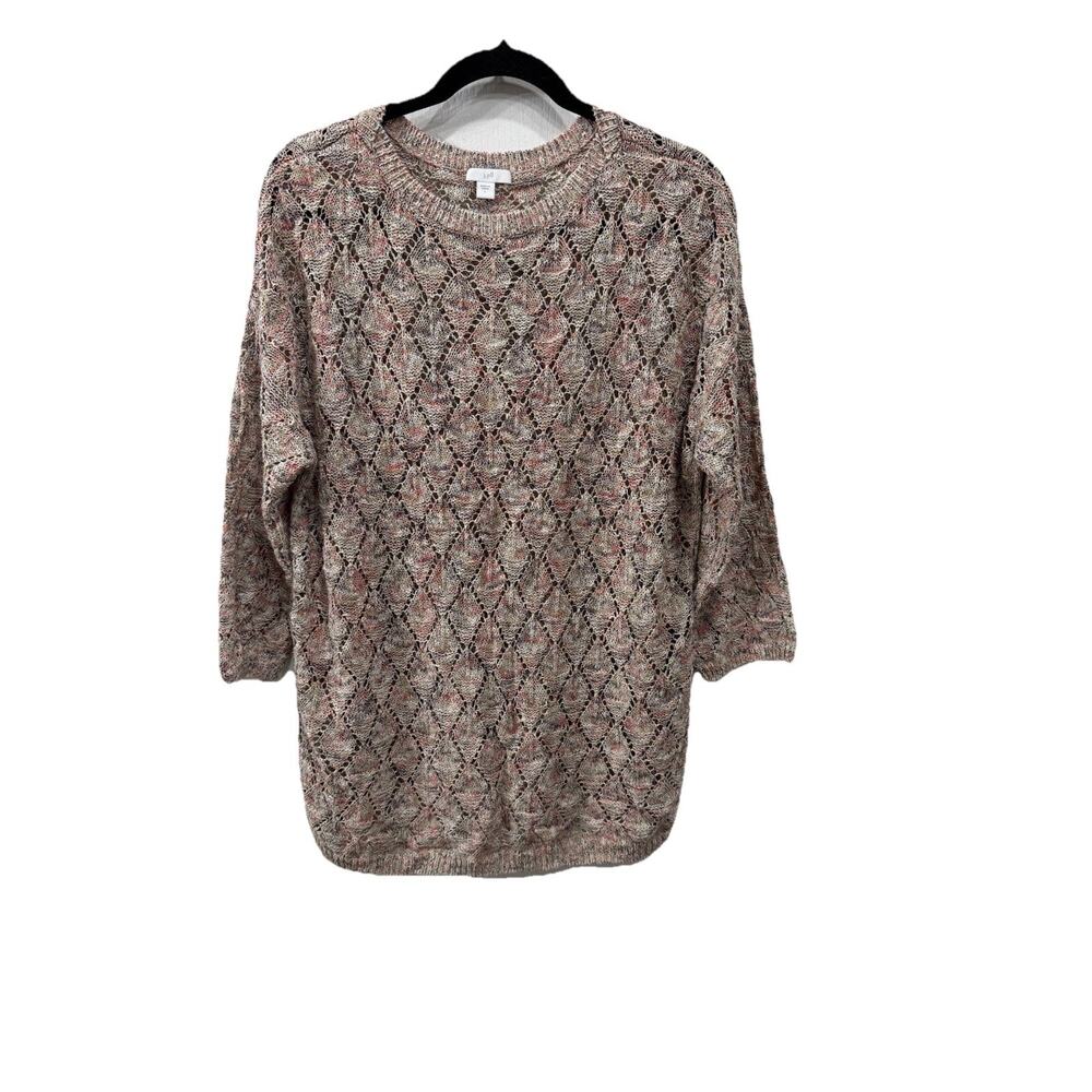 J Jill L Open Knit Crochet Sweater Pebbled Multi Speckled Diamond Pattern